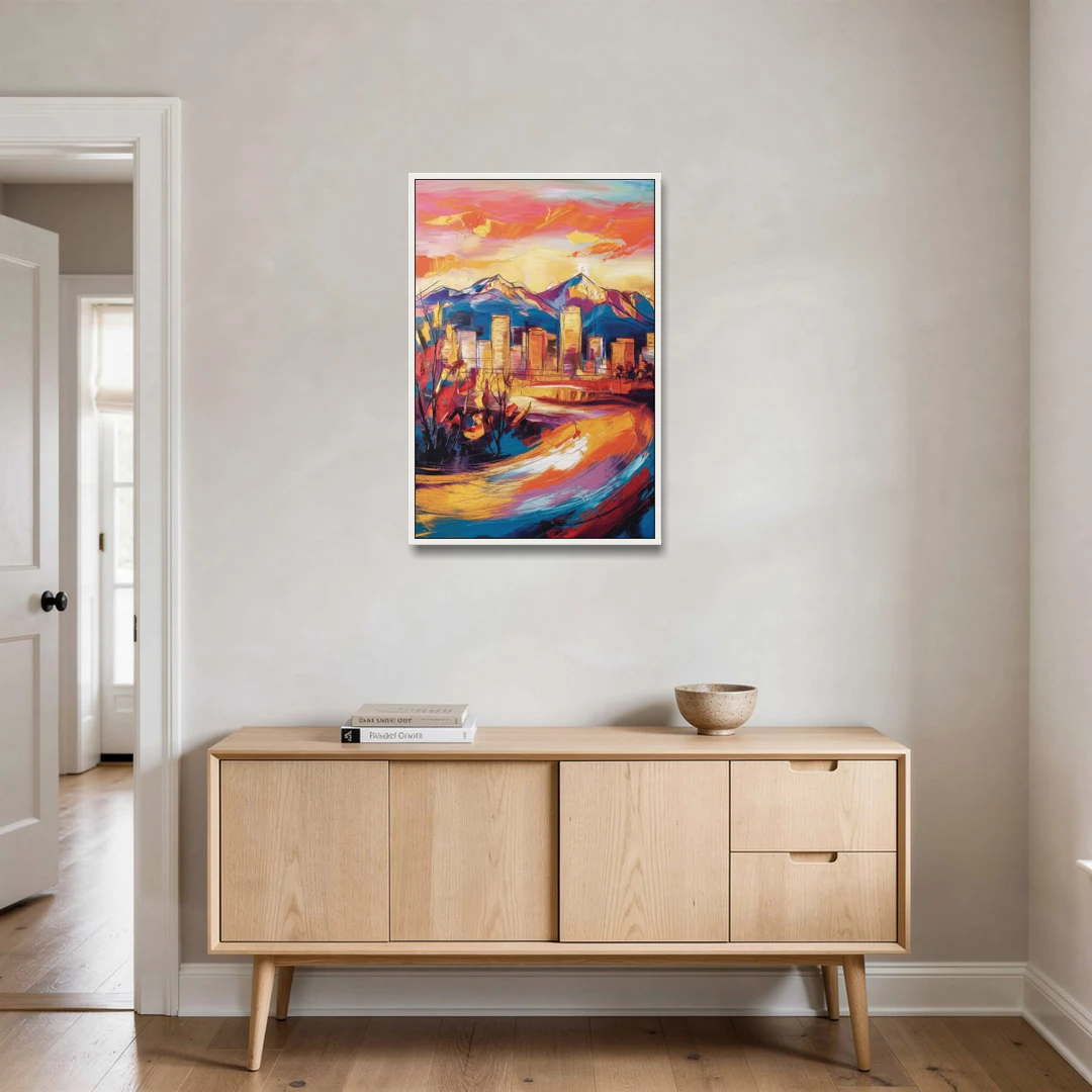Colorado Springs Skyline Sunset - White Framed Canvas Wall Art - Coffee Table - 24x36