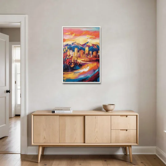 Colorado Springs Skyline Sunset - White Framed Canvas Wall Art - Coffee Table - 24x36