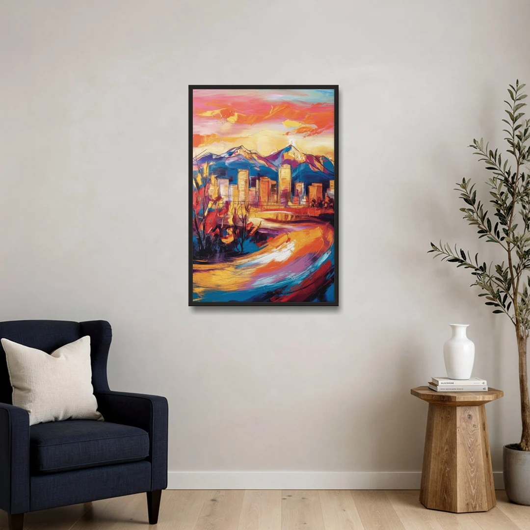 Colorado Springs Skyline Sunset - Black Framed Canvas Wall Art - Sofa - 24x36