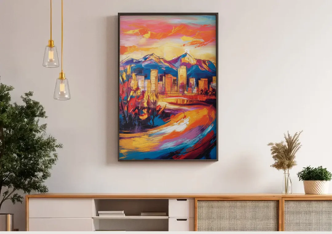 Colorado Springs Skyline Sunset canvas wall art above a wooden sideboard under pendant lights