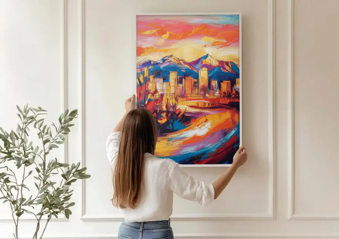 Colorado Springs Skyline Sunset canvas wall art being hung on a paneled wall