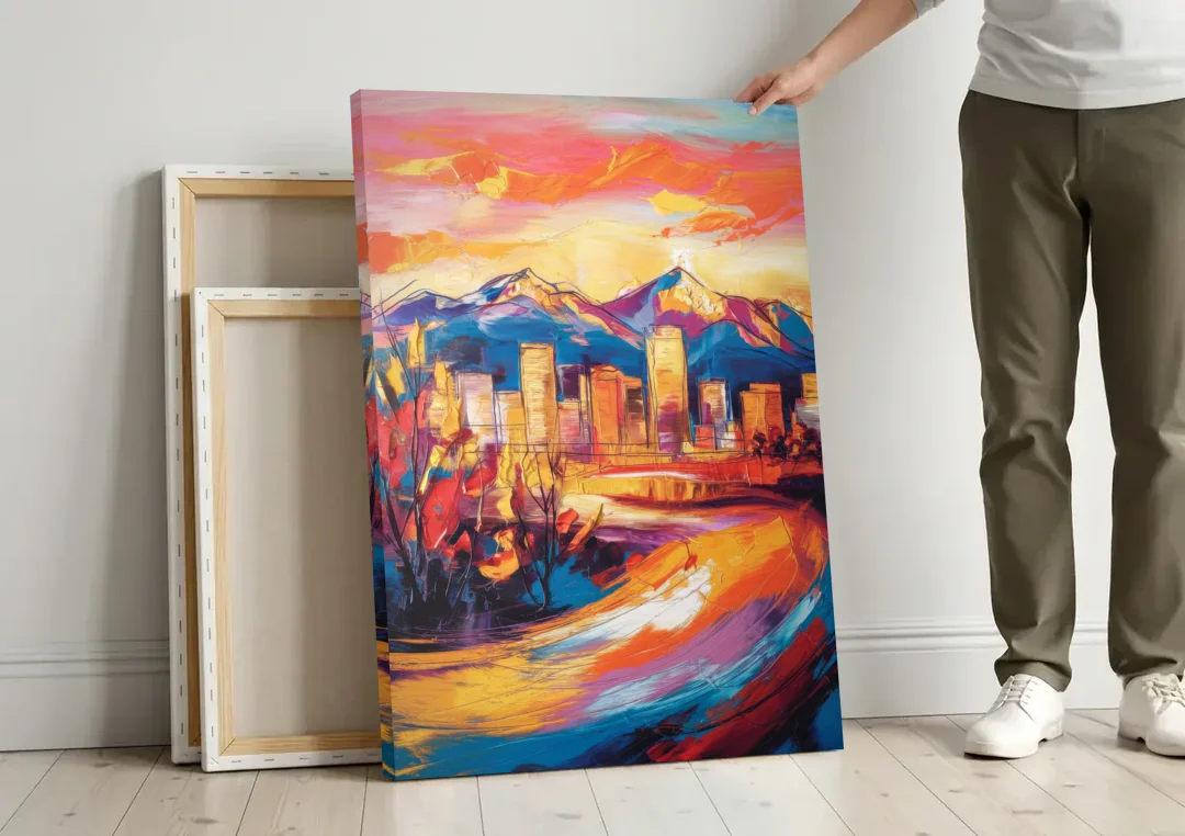 Colorado Springs Skyline Sunset canvas wall art leaning against a wall next to blank canvases