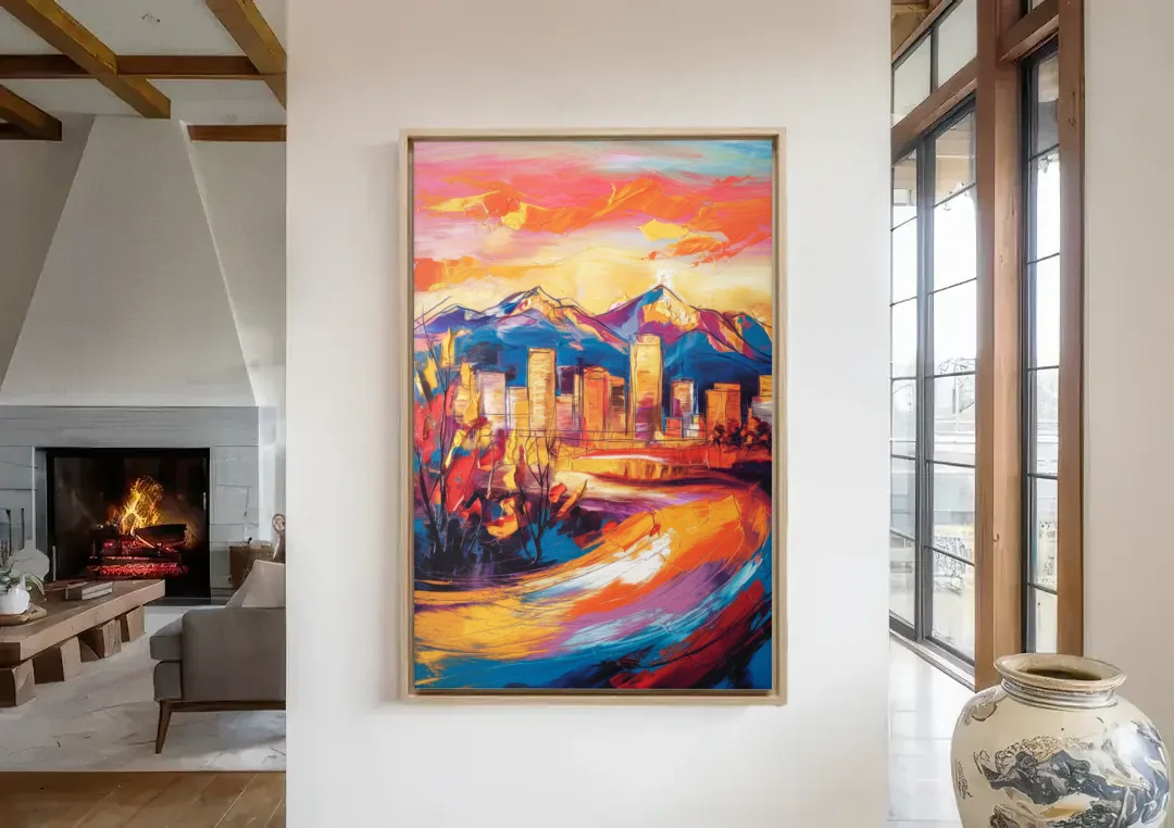 Colorado Springs Skyline Sunset canvas wall art in a living room with a fireplace
