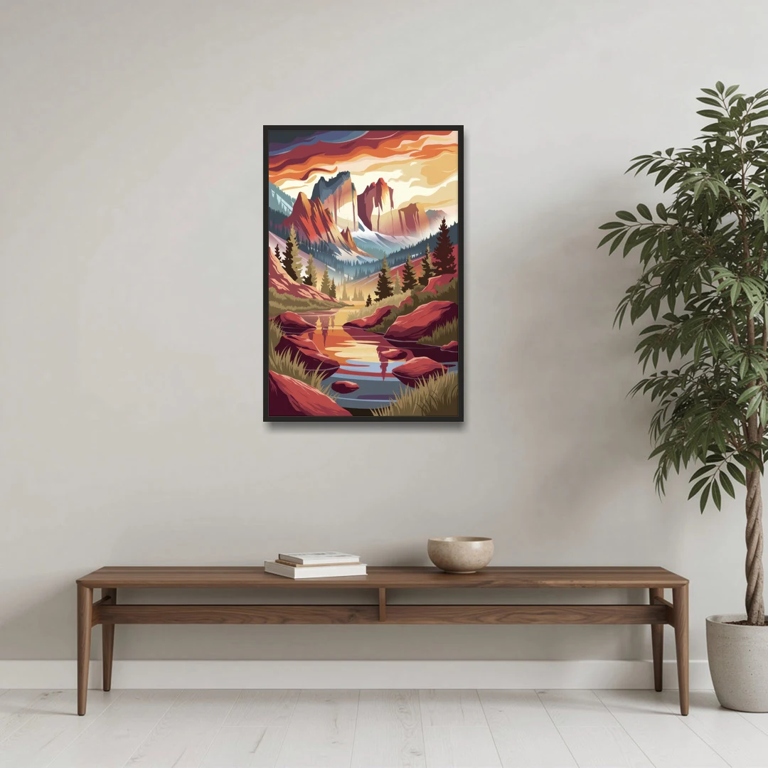 Colorado Springs Sunrise Over Peaks - Black Framed Canvas Wall Art - Coffee Table - 24x36
