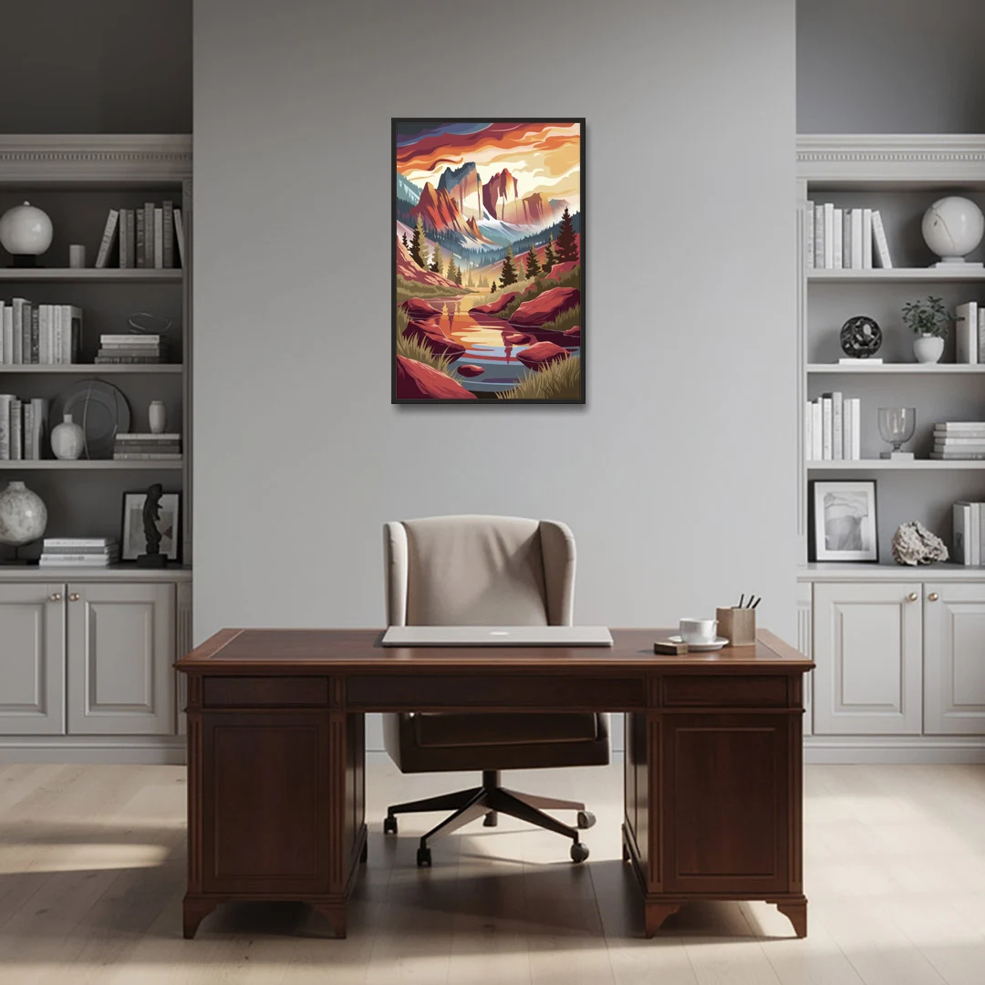 Colorado Springs Sunrise Over Peaks - Black Framed Canvas Wall Art - Office - 24x36