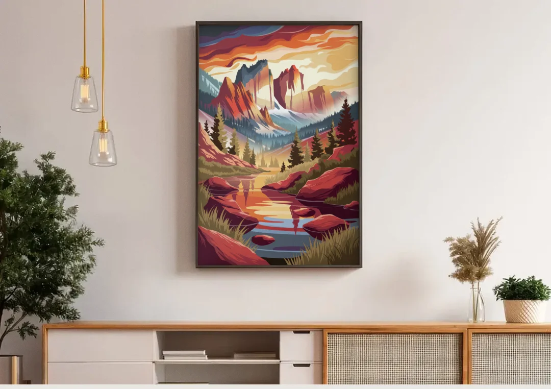 Colorado Springs Sunrise Over Peaks canvas wall art above a wooden sideboard under pendant lights