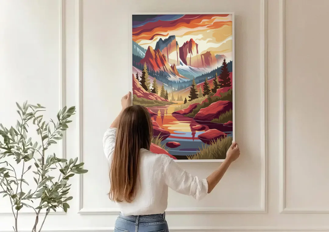 Colorado Springs Sunrise Over Peaks canvas wall art being hung on a paneled wall