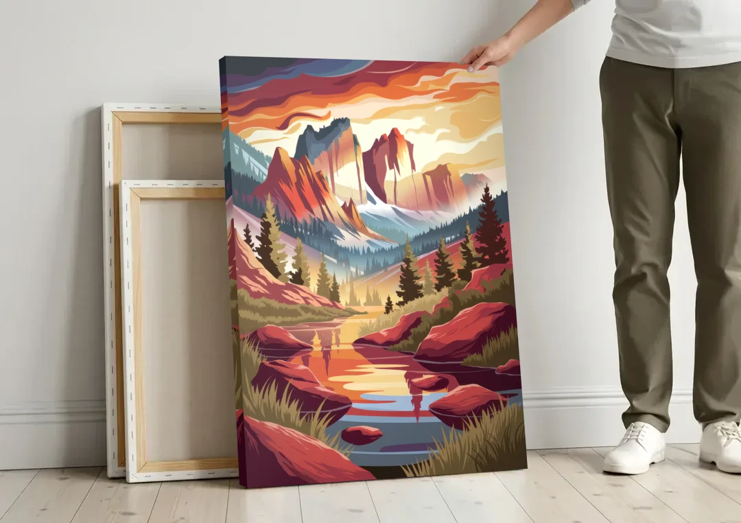 Colorado Springs Sunrise Over Peaks canvas wall art leaning against a wall next to blank canvases