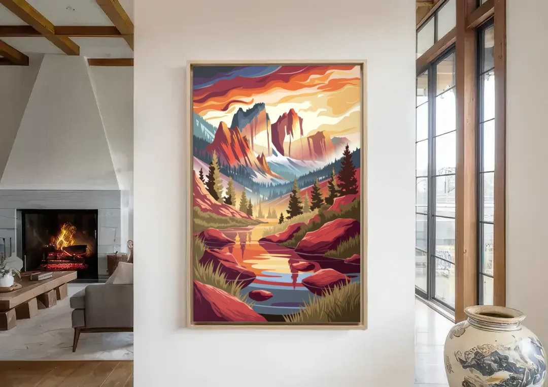 Colorado Springs Sunrise Over Peaks canvas wall art in a living room with a fireplace
