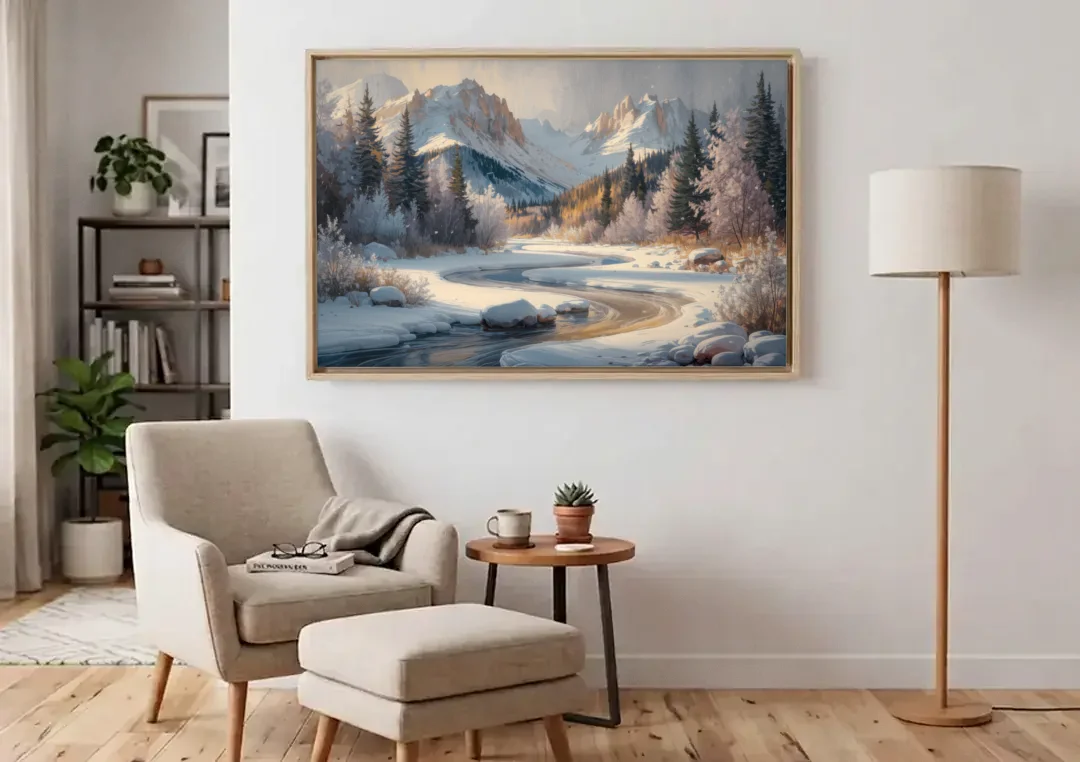 Colorado Springs Winter Wonderland canvas wall art above an armchair in a bright living room
