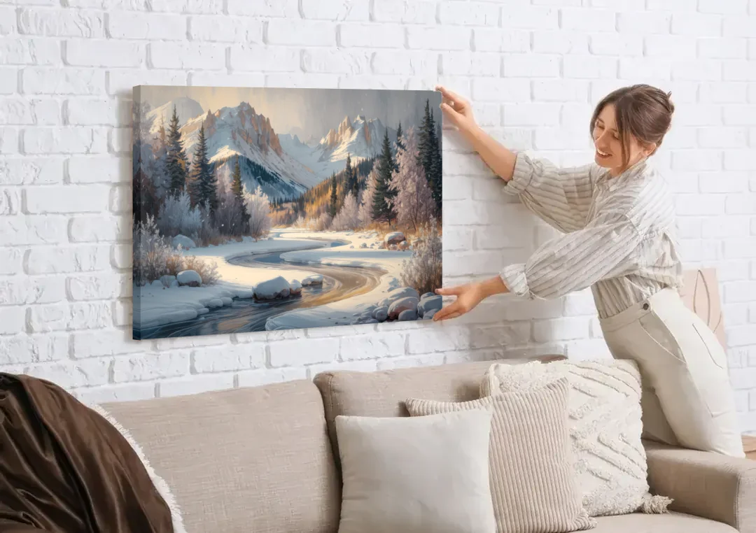 Colorado Springs Winter Wonderland canvas wall art being hung on a white brick wall above a sofa