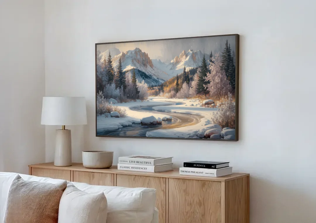 Colorado Springs Winter Wonderland canvas wall art above a wooden sideboard next to a sofa