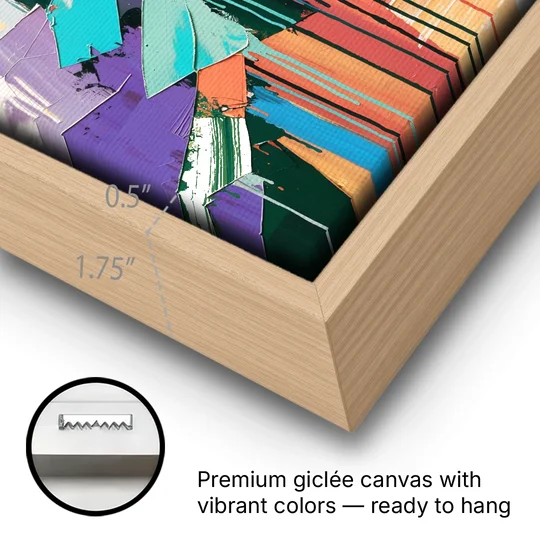 Colorful Abstract Tumbling Color Shards - Oak Framed Canvas Wall Art - Gallery Wrap Corner