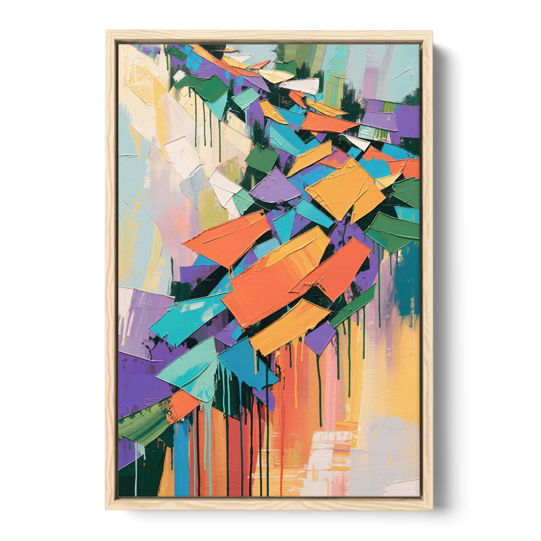 Colorful Abstract Tumbling Color Shards - Oak Framed Canvas Wall Art - Front