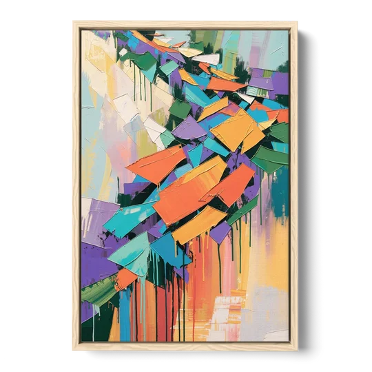 Colorful Abstract Tumbling Color Shards - Oak Framed Canvas Wall Art - Front