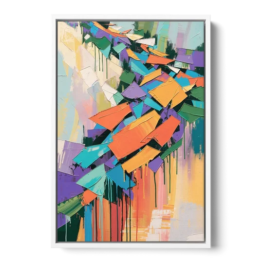 Colorful Abstract Tumbling Color Shards - White Framed Canvas Wall Art - Front