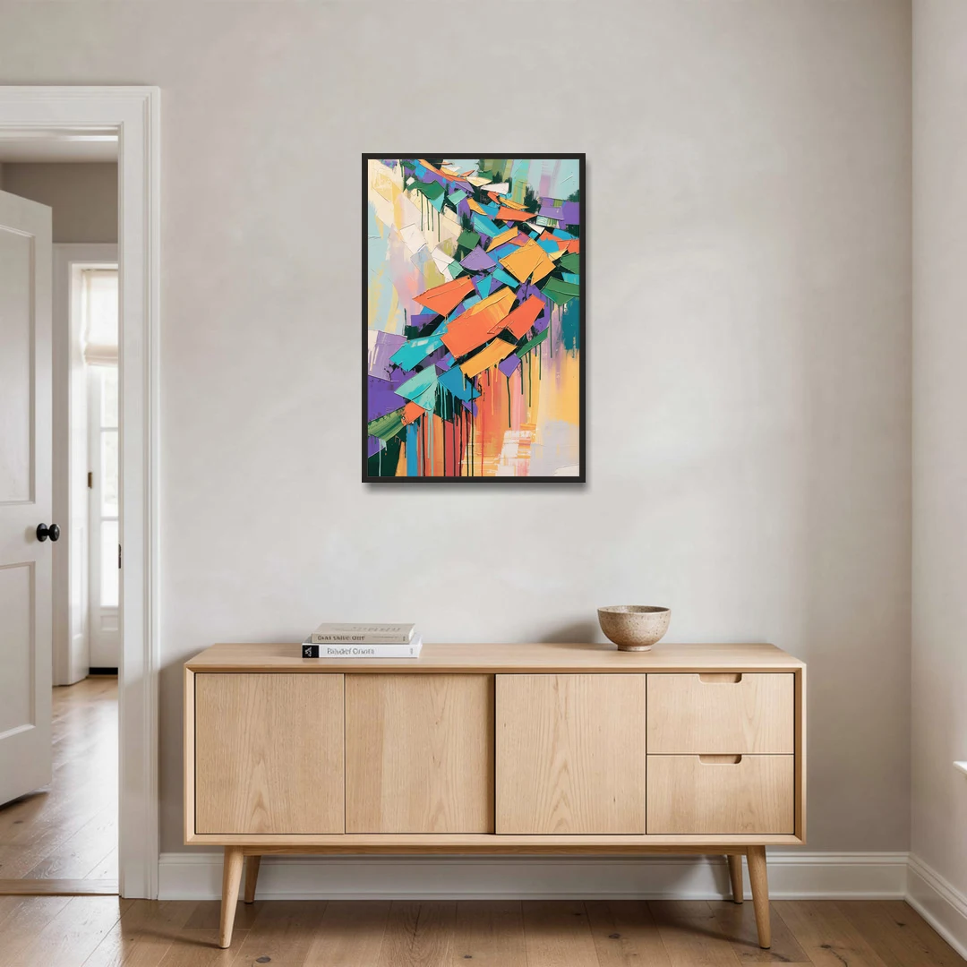 Colorful Abstract Tumbling Color Shards - Black Framed Canvas Wall Art - Coffee Table - 24x36
