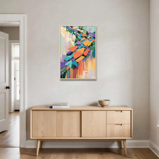 Colorful Abstract Tumbling Color Shards - Oak Framed Canvas Wall Art - Coffee Table - 24x36
