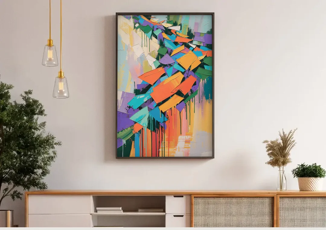 Colorful Abstract Tumbling Color Shards canvas wall art above a wooden sideboard under pendant lights