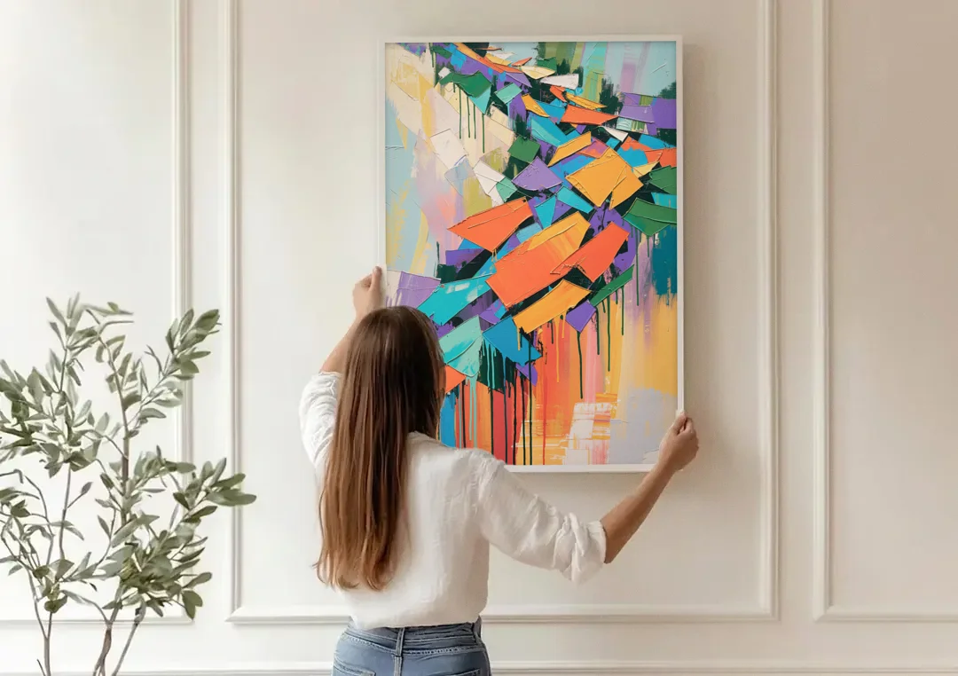 Colorful Abstract Tumbling Color Shards canvas wall art being hung on a paneled wall