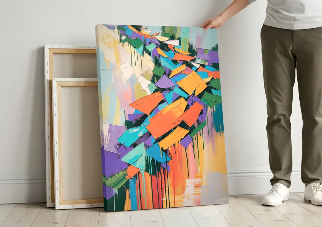 Colorful Abstract Tumbling Color Shards canvas wall art leaning against a wall next to blank canvases