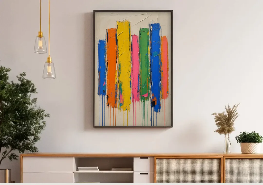 Colorful Art for the Living Room with Dripping Bars canvas wall art above a wooden sideboard under pendant lights
