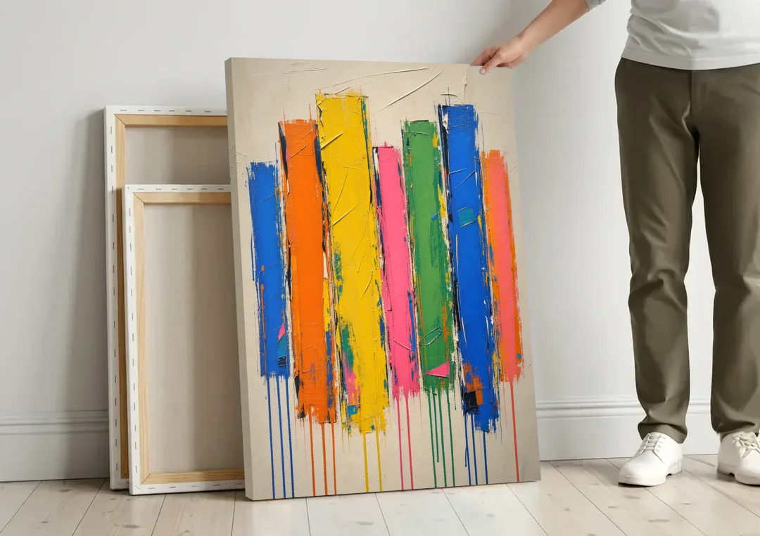 Colorful Art for the Living Room with Dripping Bars canvas wall art leaning against a wall next to blank canvases