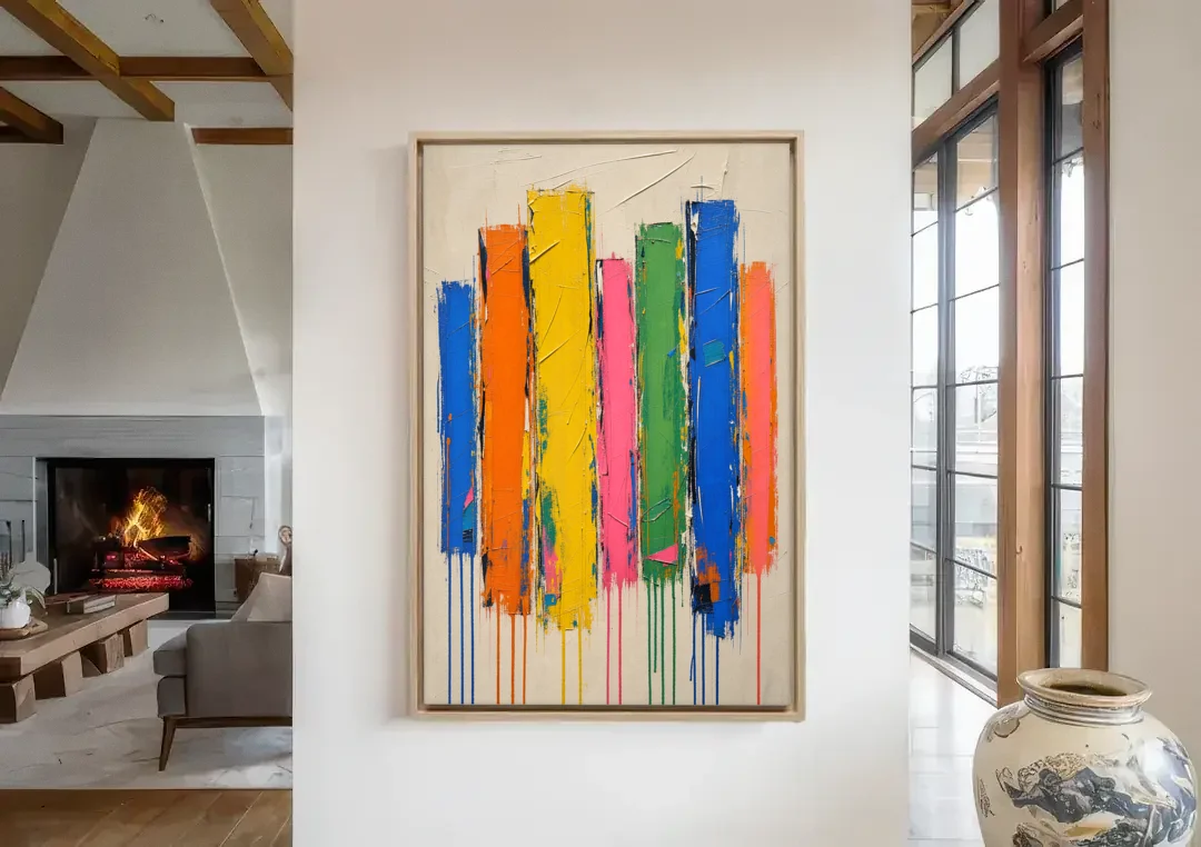 Colorful Art for the Living Room with Dripping Bars canvas wall art in a living room with a fireplace
