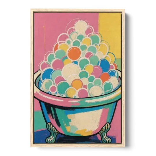Colorful Bathroom Wall Art with Towering Bubbles - Oak Framed Canvas Wall Art - Front