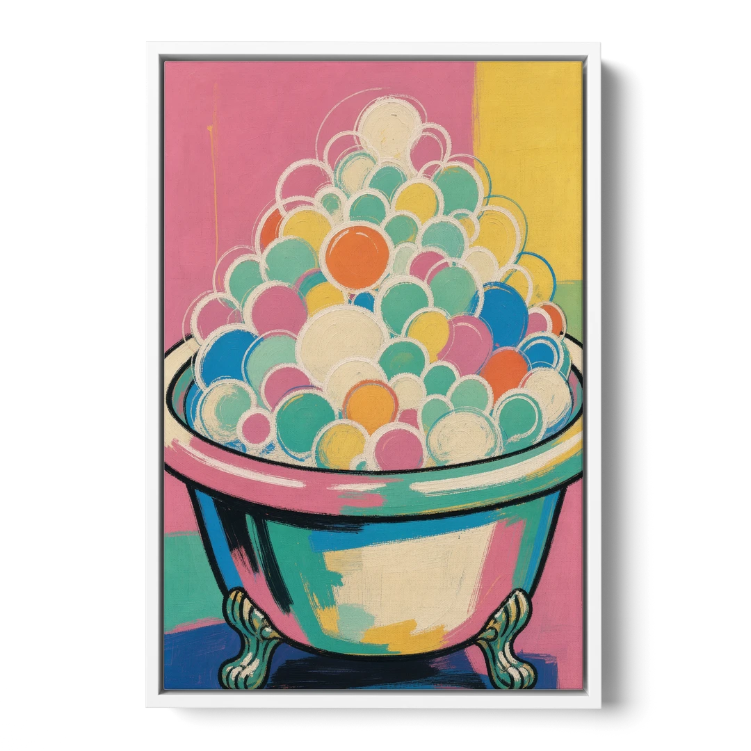 Colorful Bathroom Wall Art with Towering Bubbles - White Framed Canvas Wall Art - Front
