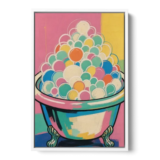 Colorful Bathroom Wall Art with Towering Bubbles - White Framed Canvas Wall Art - Front