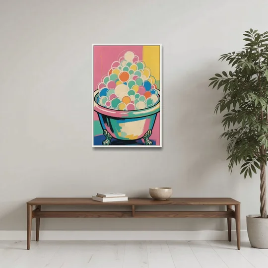 Colorful Bathroom Wall Art with Towering Bubbles - White Framed Canvas Wall Art - Coffee Table - 24x36