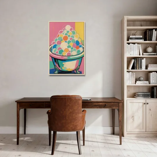 Colorful Bathroom Wall Art with Towering Bubbles - Oak Framed Canvas Wall Art - Office - 24x36