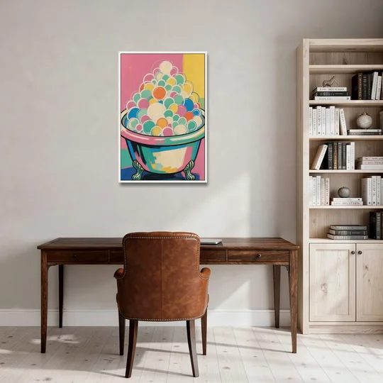 Colorful Bathroom Wall Art with Towering Bubbles - White Framed Canvas Wall Art - Office - 24x36