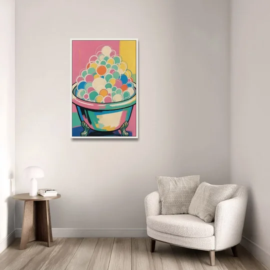 Colorful Bathroom Wall Art with Towering Bubbles - White Framed Canvas Wall Art - Sofa - 24x36