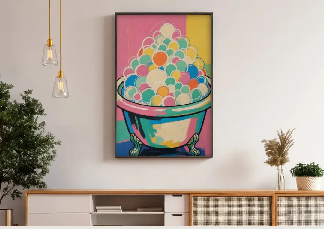 Colorful Bathroom Wall Art with Towering Bubbles canvas wall art above a wooden sideboard under pendant lights