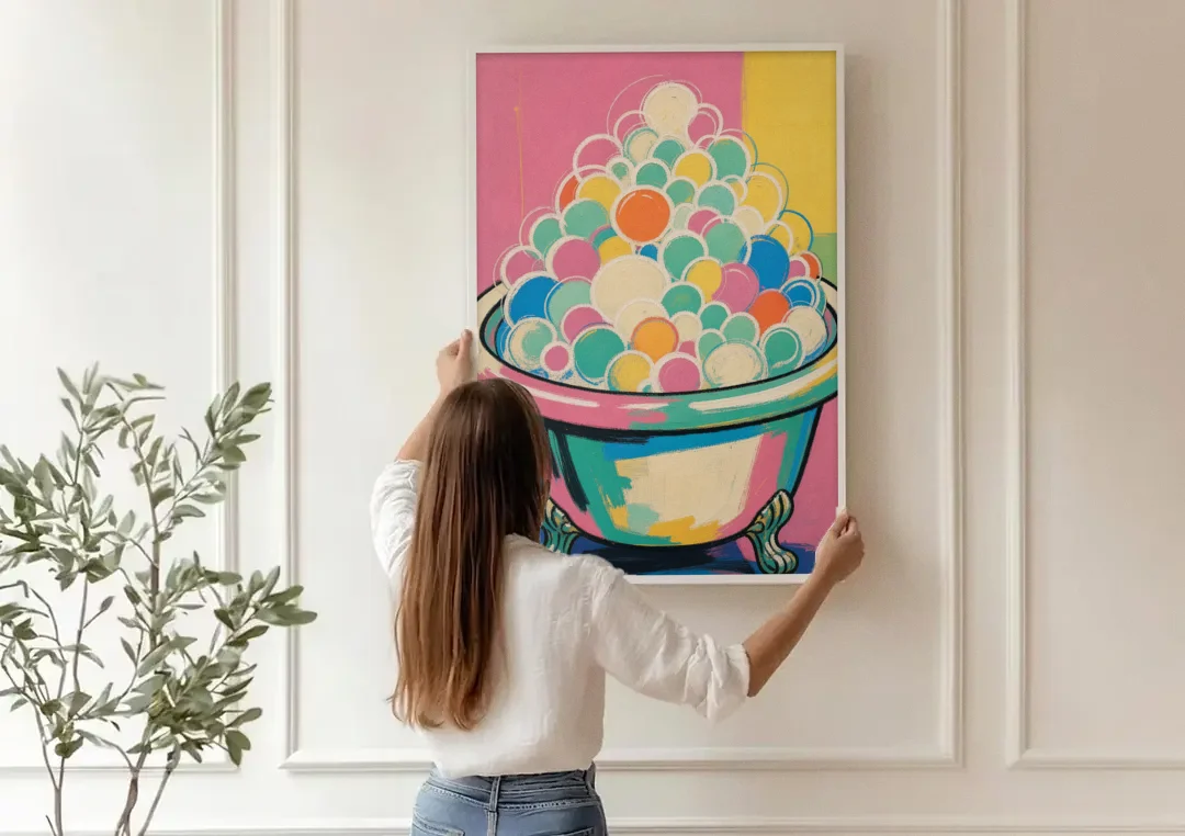 Colorful Bathroom Wall Art with Towering Bubbles canvas wall art being hung on a paneled wall