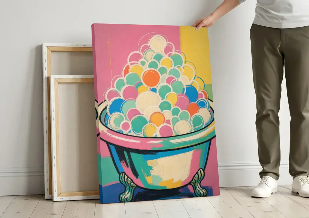 Colorful Bathroom Wall Art with Towering Bubbles canvas wall art leaning against a wall next to blank canvases