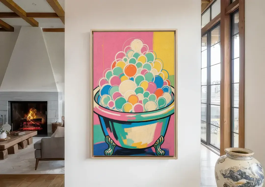 Colorful Bathroom Wall Art with Towering Bubbles canvas wall art in a living room with a fireplace