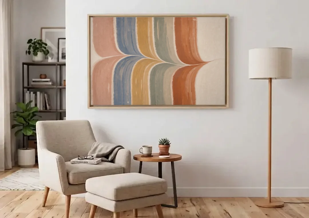 Colorful Boho Wall Art with a Gentle Stripe Wave canvas wall art above an armchair in a bright living room