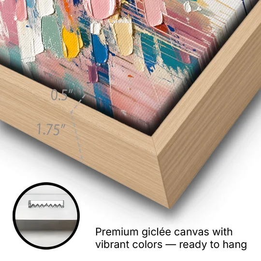 Colorful Canvas Wall Art of Confetti Strokes in Flight - Oak Framed Canvas Wall Art - Gallery Wrap Corner