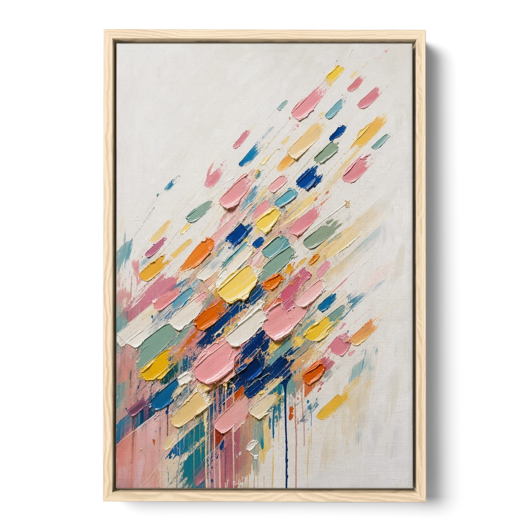Colorful Canvas Wall Art of Confetti Strokes in Flight - Oak Framed Canvas Wall Art - Front
