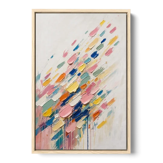Colorful Canvas Wall Art of Confetti Strokes in Flight - Oak Framed Canvas Wall Art - Front