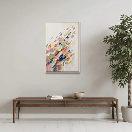 Colorful Canvas Wall Art of Confetti Strokes in Flight - Oak Framed Canvas Wall Art - Coffee Table - 24x36