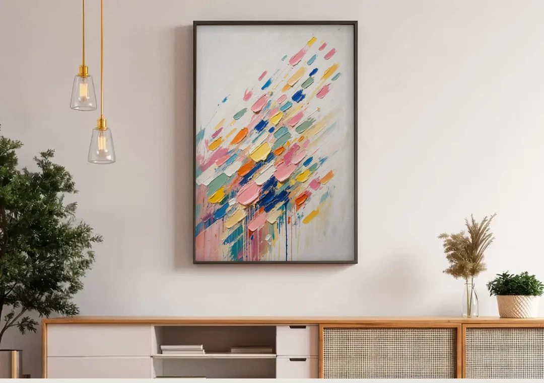 Colorful Canvas Wall Art of Confetti Strokes in Flight canvas wall art above a wooden sideboard under pendant lights