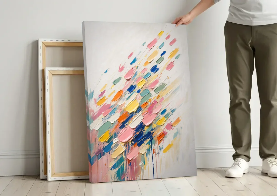 Colorful Canvas Wall Art of Confetti Strokes in Flight canvas wall art leaning against a wall next to blank canvases