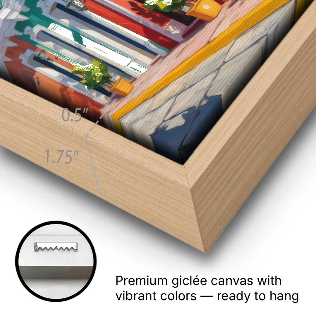 Colorful Centro Facades - Oak Framed Canvas Wall Art - Gallery Wrap Corner