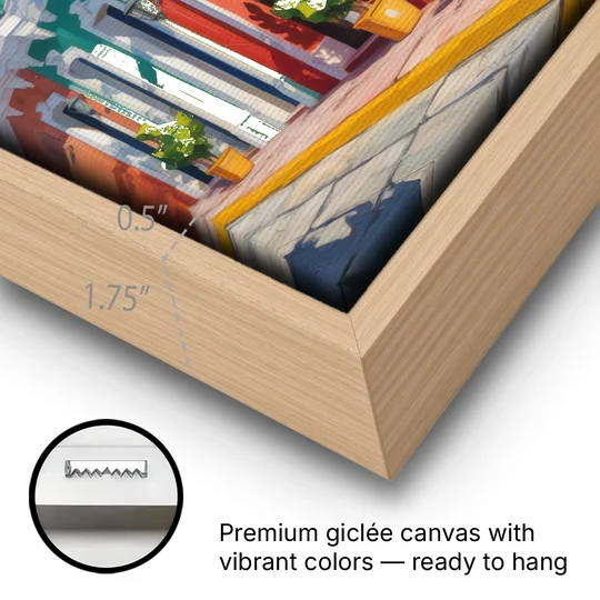 Colorful Centro Facades - Oak Framed Canvas Wall Art - Gallery Wrap Corner