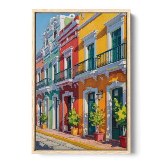 Colorful Centro Facades - Oak Framed Canvas Wall Art - Front