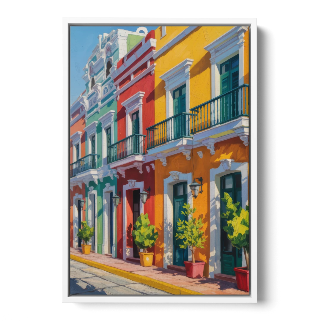 Colorful Centro Facades - White Framed Canvas Wall Art - Front